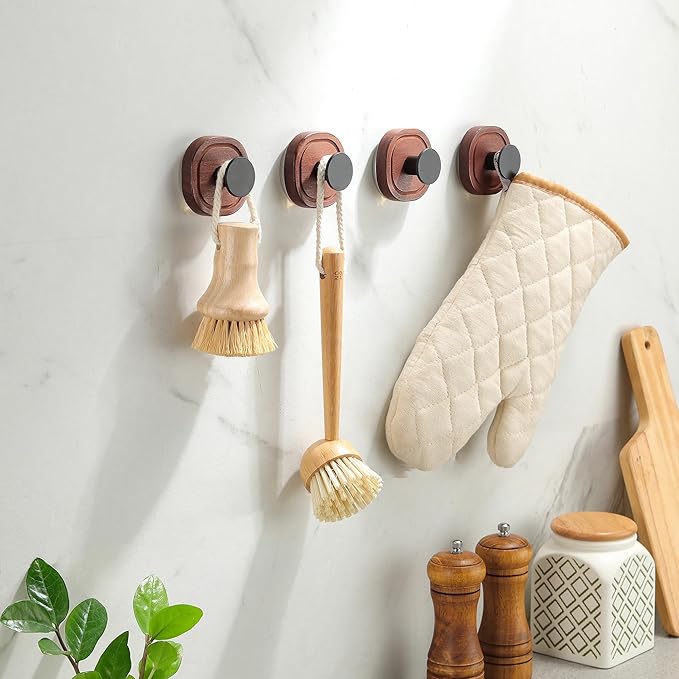 DELITON Suction Cup Hooks for Shower - 4 Pack Wooden Bathroom Towel Hooks Removable Without Drilling, for Hanging Towels, Bath Towels, and Bathrobes