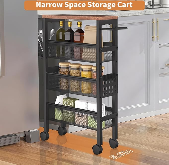 TORIBIO 4 Tier Slim Storage Cart, Narrow Kitchen Rolling Cart with Wheels for Small Space,Mobile Utility Cart Shelving Unit with Metal Frame and Wooden Top for Kitchen, Bathroom, Laundry Room