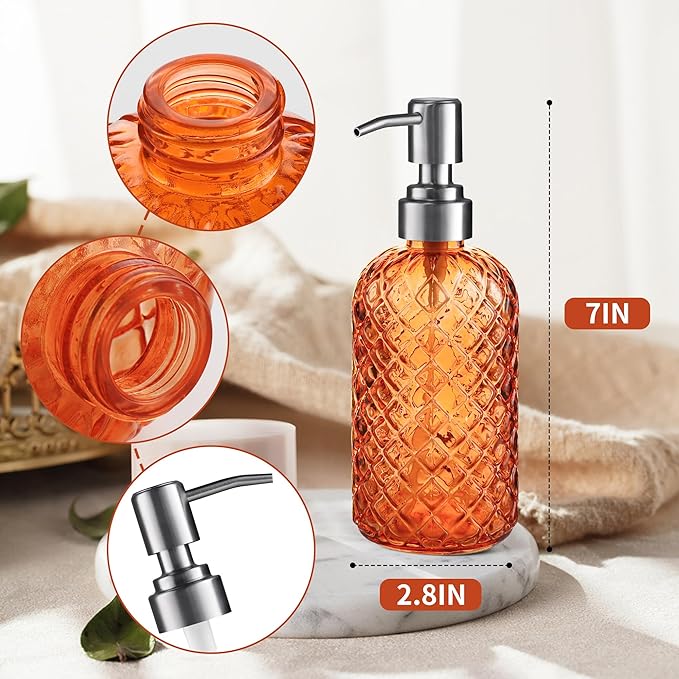 14 Oz Refillable Glass Soap Dispenser with Rust Proof Stainless Steel Pump, for Dispense Hand soap, Body wash, Lotion (Orange)
