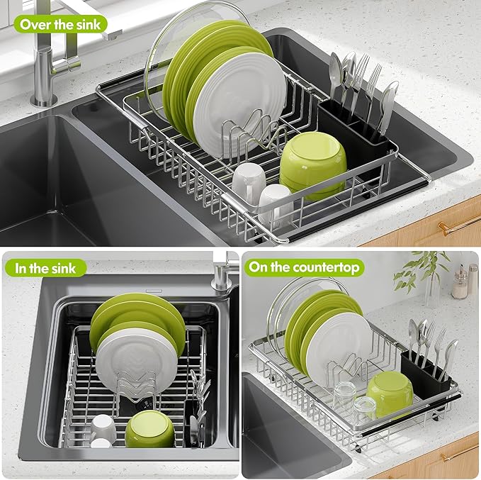 JASIWAY Dish Drying Rack in Sink, Expandable Stainless Steel Dish Drainer for Kitchen Sink, Dish Strainer Rack, Retractable Over Sink Dish Rack with Utensil Holder, 13.4''~16.9''D x 11.8''W, Silver