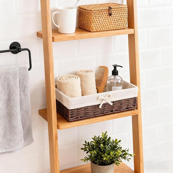 Set of 4 Storage Baskets for Shelves – Dark Brown Paper Rope, Fabric Lined Handwoven Shallow Rectangle Baskets, Decorative Bathroom Counter & Dresser Organizer Bins