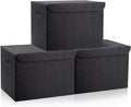 Large 17" 42 Quarts Collapsible Stackable Storage Bins with Lids [3-Pack] Foldable Fabric Linen Storage Boxes Cube, Closet Organizer Baskets with Label (16.7 x 12 x 12, Black)