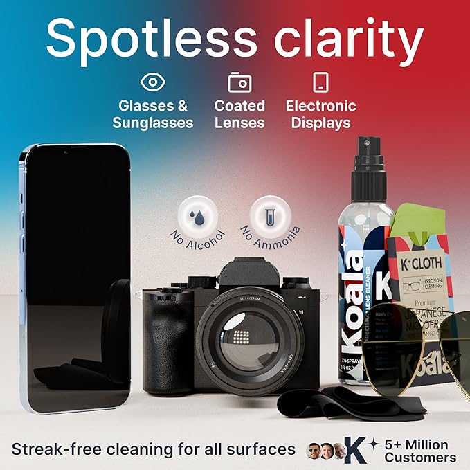 Koala Eyeglass Lens Cleaner Spray Kit | (2x) 8oz + (1x) 2oz Glasses Cleaner Bottle + (3x) Microfiber Cloth | Alcohol Free Eyeglasses, Screen, and Camera Cleaning Kit (6 Piece Set)