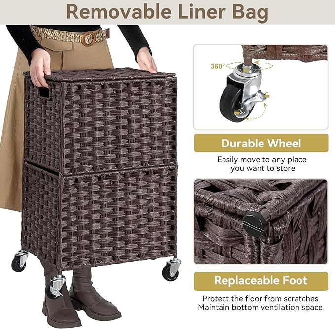 Chrislley 90L Slim Laundry Hamper with Wheels, Rolling Laundry Basket with Lid and Renovable Liner Bag, Handwoven Rattan Organizer for bedroom, bathroom, laundry room (Brown)