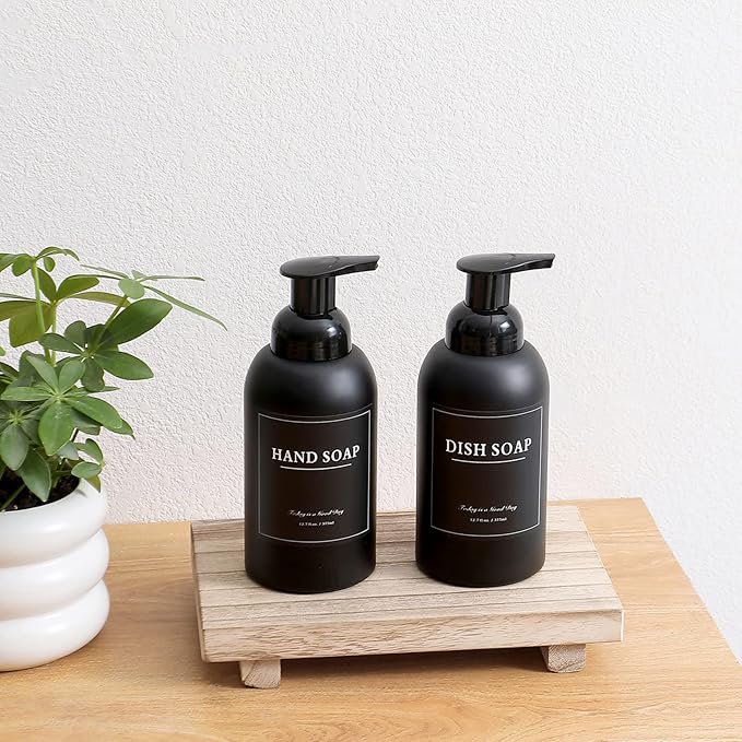 rejomiik 2 Pack Foaming Thick Glass Foam Hand Soap Dispenser for Bathroom or Kitchen Sink, 13 oz Pump Bottles for Hand soap, Body Wash, Matte Black