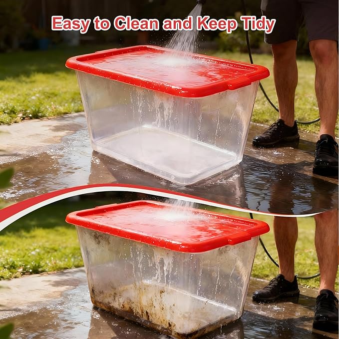 Storage Totes with Lids - Made in USA 14.5-Gallon (58-Quart) 4-Pack Clear Plastic Red Storage Bins Storage Containers Large Storage Boxes Organizer for Home, Office, and Garage Clear/Red
