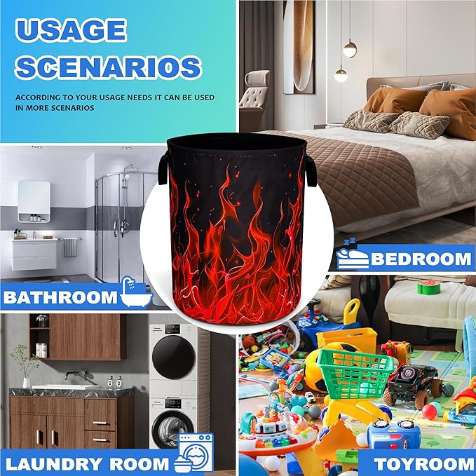 Red Flame Laundry Basket Oxford Cloth Funny Raging Fire Laundry Hamper With Handle Foldable Portable Clothes Storage Basket 18.9 X 16.5 In Storage Bag For Laundry Room/Bathroom/Bedroom/Dormitories