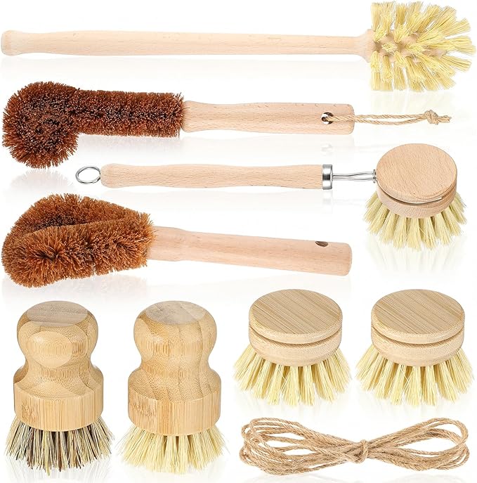 9pcs Bamboo Dish Brush Set Wooden Dish Brush with 14’’ Bottle Brush Natural Kitchen Scrub Brush Dish Scrubber for Kitchen Cleaning Dishes Pans Bottles Sink Vegetables Household