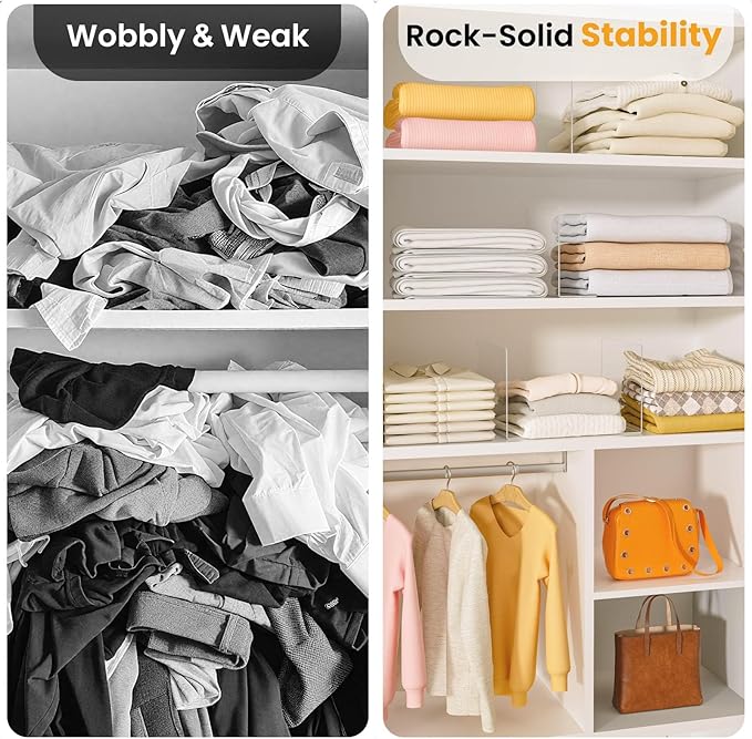 Shelf Dividers for Closet Organization – Acrylic Clear Sturdy Dividers to Keep Clothes, Sweaters & Purses Upright, Free-Standing for Wood Shelves, 10" Tall x 12" Deep, 10 Pack