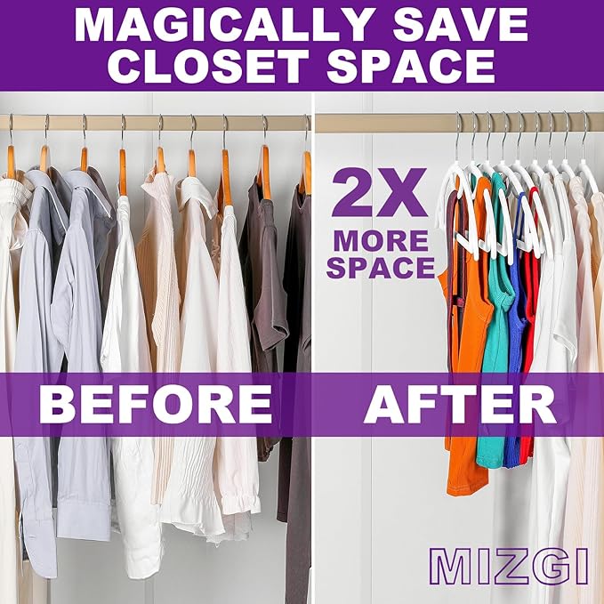 MIZGI Premium Velvet Hangers 50-Pack,No Shoulder Bump Hangers W/Tie Bar Ultra Thin Space Saving Non Slip Hanger Heavy Duty Felt Rounded Clothes Hanger for Sweaters,Coat,Jackets,Pants,Shirts