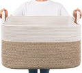 Goodpick Large Woven Blanket Basket, 21.6" x 14.9" x 11.8" Storage Baskets for Organizing, Rectangle Cotton Rope Toy Basket for Living Room, Bedroom, White & Brown