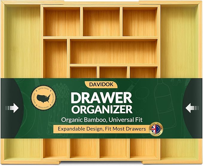 DAVIDOK Expandable Bamboo Drawer Organizer for Kitchen - 8 to 10 Slots Large Silverware Organizer for Utensils, Cutlery, Flatware & Kitchen Gadgets | Multiple Use, Non-Slip Feet Included
