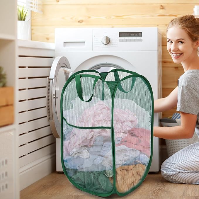 Durable Collapsible Laundry Baskets, Tear-resistant Pop Up Hamper for Laundry, Foldable Clothes Hamper with Reinforced Carry Handles Handy Pocket for Laundry Room, Bathroom, Dorm or Travel Emerald
