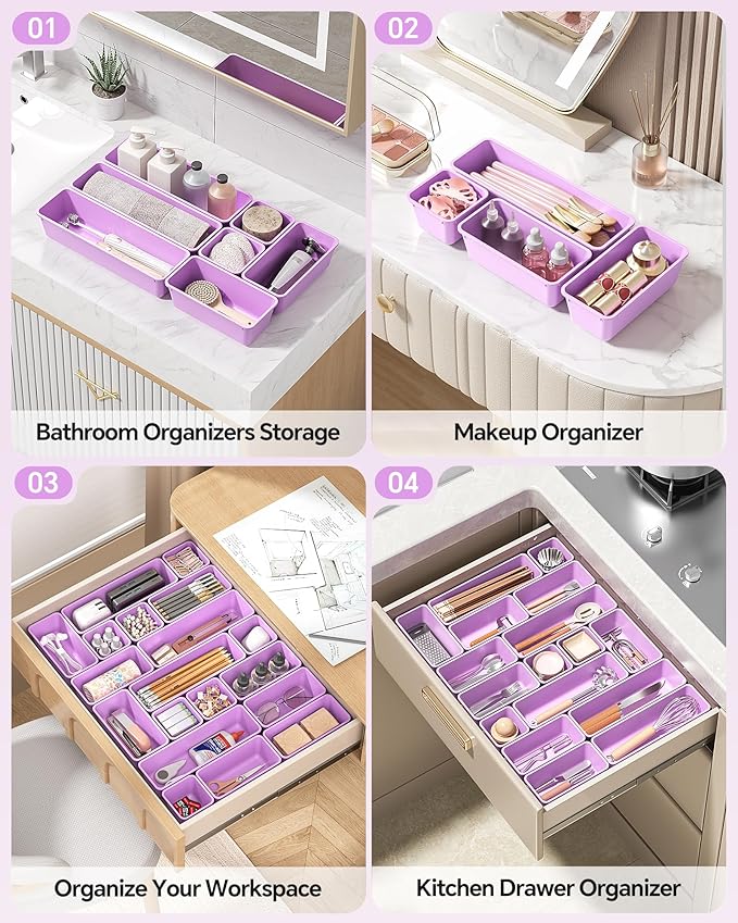13 Pack Plastic Drawer Organizers Set, 3 Sizes Desk Drawer Organizer Trays for Vanity and Makeup Organizer, Organization and Storage for Makeup, Kitchen Utensils, Bathroom and Office(Purple)