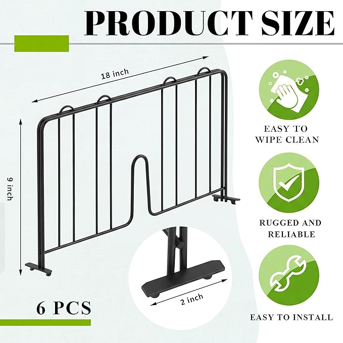 6 Pcs 18" W x 9" H Wire Shelf Divider Chrome Plated Steel Wire Rack Divider for Shelving Metal Accessories for Bathroom Kitchen Office Pantry Room Storage Organization, Black