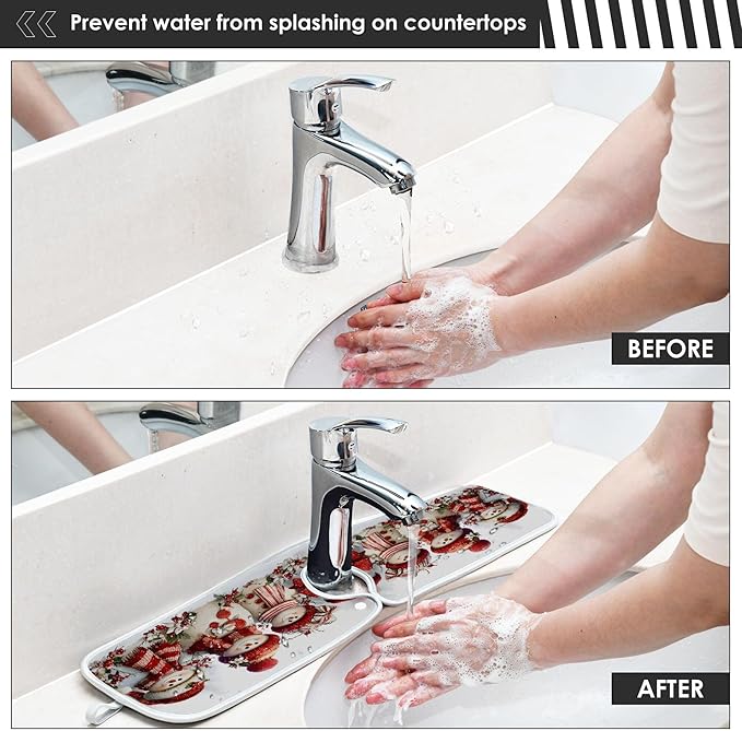2 Pack Faucet Splash Catcher Snowmen Sink Mat for Faucet Absorbent Kitchen Splash Guard Drip Catcher for Farmhouse Barthroom Bar, S