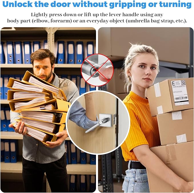Privacy Push Button One-Touch Locking Interior Door Handle Without Key,Non-Handed Opening,Reversible Left Right Door Konb, ADA-Compliant,Keyless Lever Door Lock for Bathroom,Bedroom
