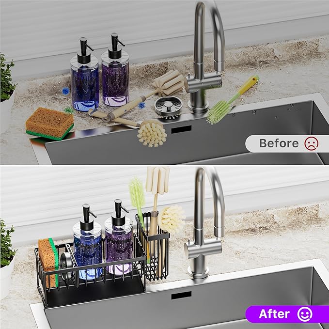 MASADI Kitchen Dish Soap Dispenser Set with Sponge Holder, 12OZ Glass Bottle, Hand and Dish Soap Dispenser Set, Non-Slip Silicone Pad, Brush Holder, Kitchen Sink Organizer Countertop (Black+Clear)