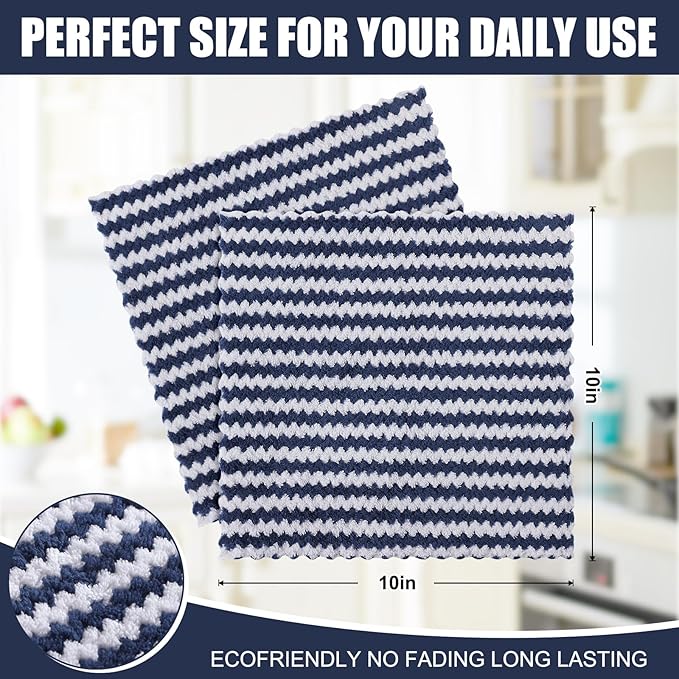 Homaxy 18 Pack Kitchen Dish Cloths, Ultra Soft and Absorbent Dish Towels, Reusable Fast Drying Microfiber Cleaning Cloth, Coral Velvet Wave Design No-lint, 10 x 10 inches, Navy Blue
