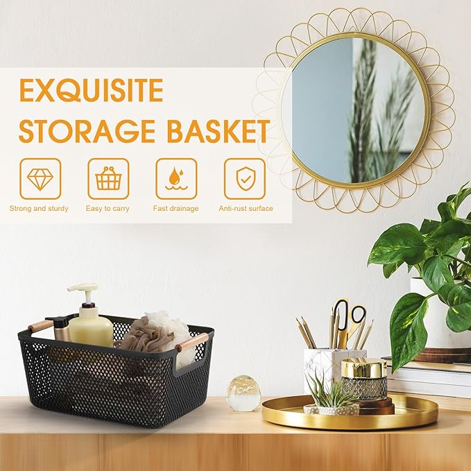 Tioncy 4 Pcs Plastic Mesh Baskets with Wood Handle Woven Mesh Storage Organizer Bins Multi-function Rectangle Baskets for Home Pantries Shelves Closet Kitchens Bedrooms(10.4 x 7.2 x 4.7 Inches)
