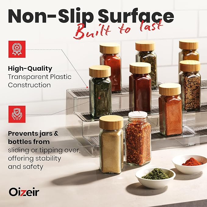 Oizeir Expandable Spice Organizer Rack (2-PACK) - 3-Tier - Clear Adjustable Tiered Shelf Spices Organization for Kitchen Cabinet and Pantry Storage