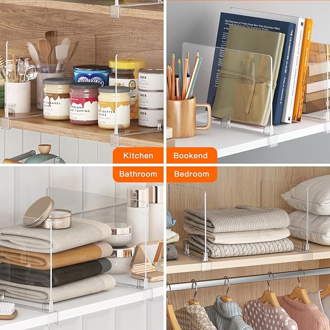 Fixwal 6 PCS Detachable Acrylic Shelf Dividers for Closet Organization Clear Shelf Divider for Closet Organizers and Vertical Purse Organizer for Closet, Bedroom, Kitchen, Office, Cabinets, Bathroom