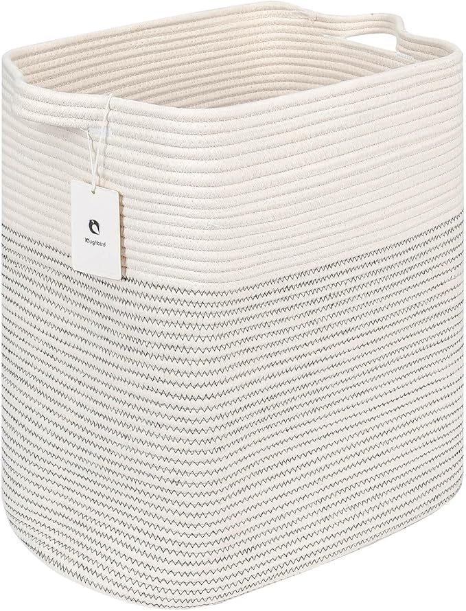 Storage Baskets for Clothes Fabric Cotton Rope Storage Basket with Handles, Decorative Woven Basket for Living Room,Closet Organizer Blankets, and 2bags (White/Black Line, L17.8×W12.5×H17.9)
