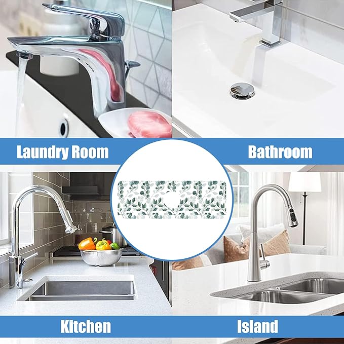 Sink Faucet Absorbing Mat Green Eucalyptus Leaf Sink Splash Guard Drying Mat for Kitchen Bathroom Faucet Sinkmat 15.5"X5.5"