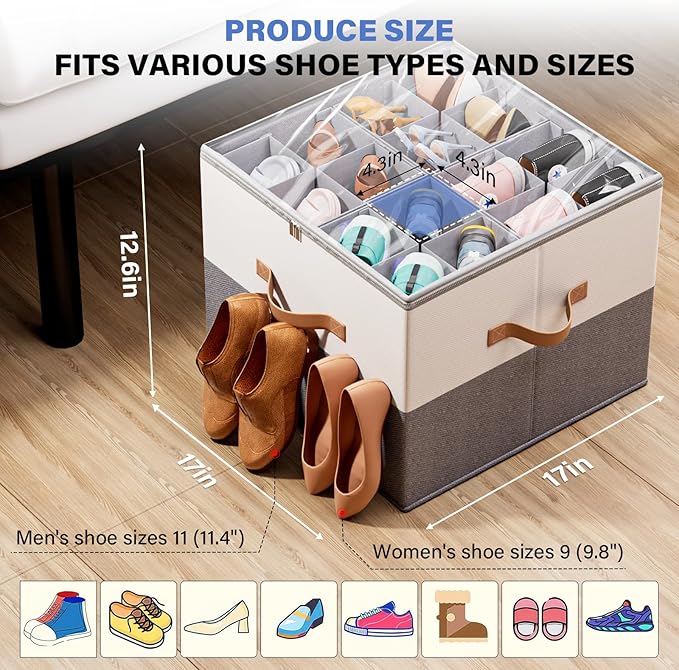2 Pack Shoe Organizer for Closet, Fits Up to 16-32 Pairs, Foldable Shoe Storage Organizer, Shoe Containers with Clear Cover, Large Shoe Boxes Boot Storage, Adjustable Dividers