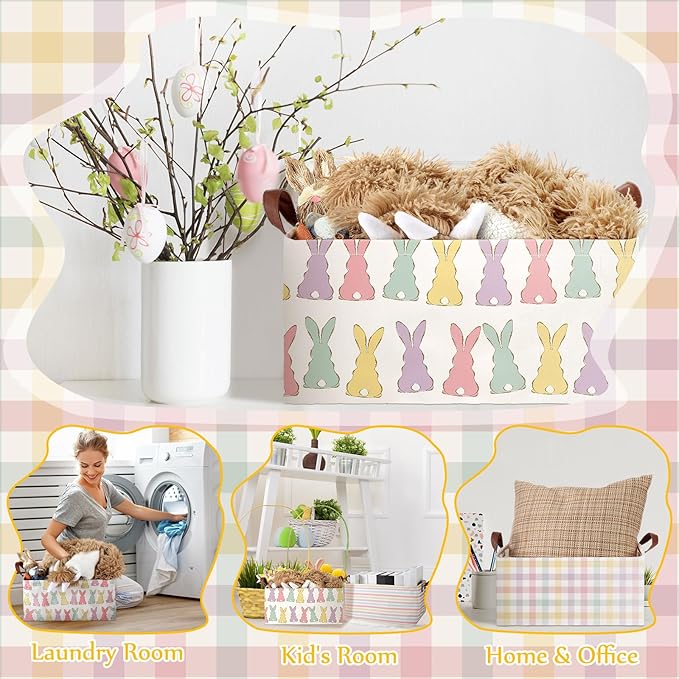 Boao 3 Pcs Easter Storage Bin Rectangular Bunny Basket Box with Handle Collapsible Large Storage Baskets Foldable Rabbit Box for Easter Party Decoration