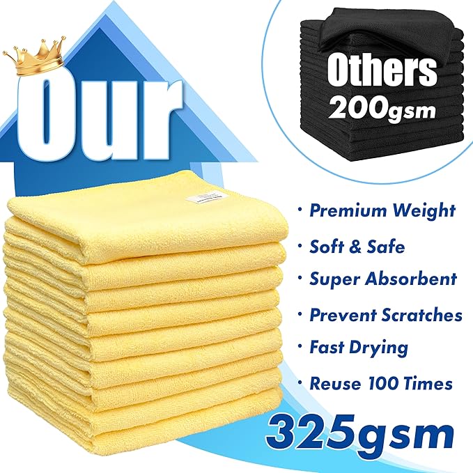 Simple Houseware 9-Pack Microfiber Cleaning Towels, Heavy-Duty & Reusable Cloths for Home, Kitchen, and Car, 16" x 24", 325 GSM