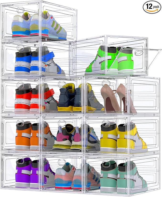 ALCCB Thicken Hard Clear Shoe Storage Organizer for Closet, 12 Pack Modular Plastic Stackable Shoe Storage Box Organizer, Shoe Sneaker Rack Display Case Containers Bins with Lids, White