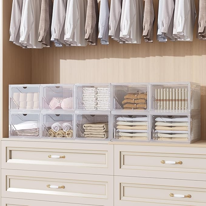 AWTATOS Shoe Boxes, 10 Pack Shoe Storage Organizers, Plastic Stackable Shoe Rack, Sneaker Containers, Toy Storage Bins for Entryway, Closet, Under Bed, Clear