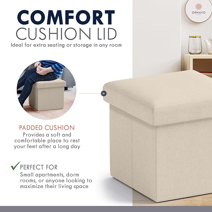 Ornavo Home Small Storage Ottoman Foldable Collapsible Cube Square Linen Ottoman Foot Rest Stool Seat, for Living Room, Bedroom, Home Office, Dorm - 12 x 12 x 12, Beige