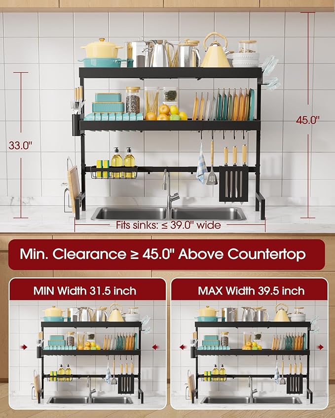 Over The Sink Dish Drying Rack, Expandable 3-Tier Stainless Steel Kitchen Storage Organization Accessories for Countertop, Rustproof & Space-Saving, 31.5"–39.5" L x 12" W x 33" H, Black