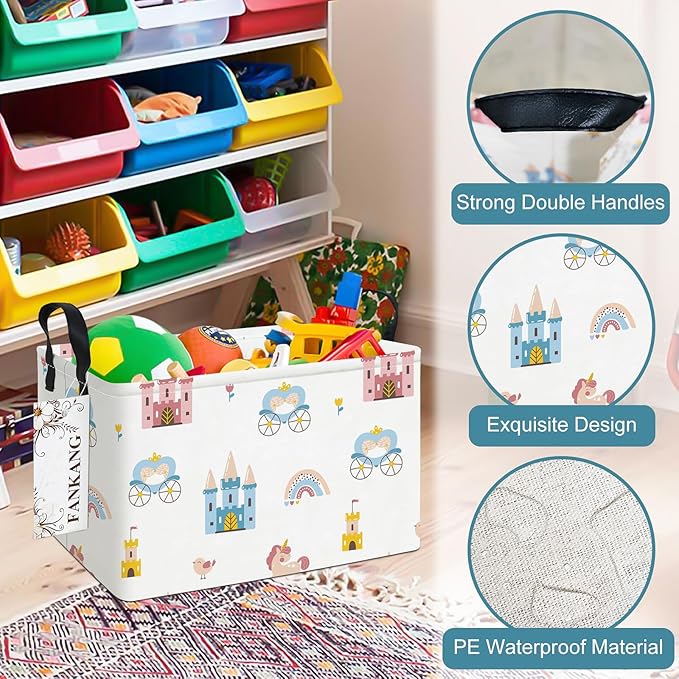 FANKANG Storage Bins, Nursery Hamper Canvas Laundry Basket Foldable with Waterproof PE Coating Large Storage Baskets for Kids Boys and Girls, Office, Bedroom, Clothes,Toys(Rec-castle carriage ）