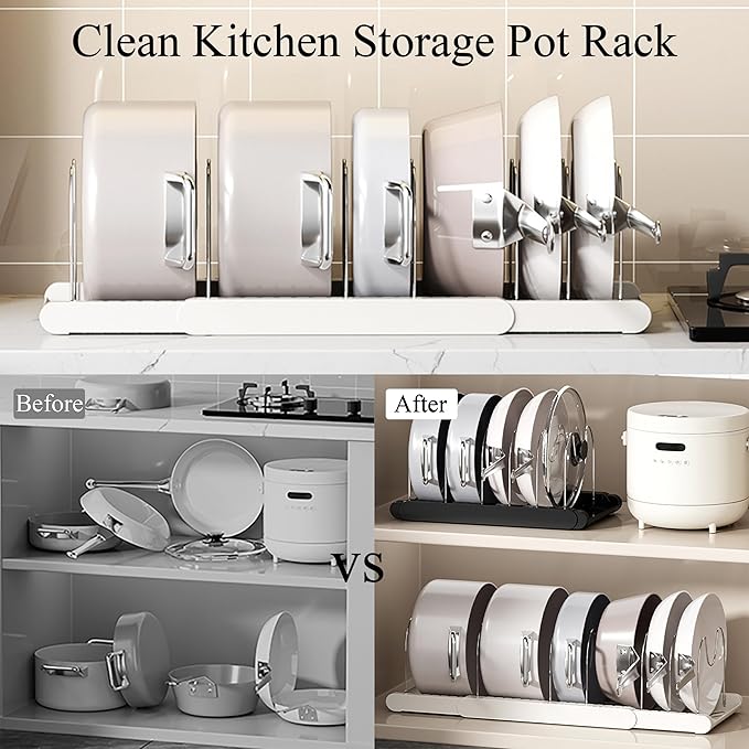 Pot Rack : Pots and Pans Organizer Under Cabinet 7 Adjustable Compartment Expandable Pot Lid Holder for Kitchen Cookware, Bakeware, Lid, Dishes, Cutting Boards,Apricot
