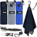 Magnetic Golf Towel, 3 PCS Microfiber Golf Towels with Brush and Divot Tool for Men, Industrial Strength Magnet Accessories for Strong Hold to Golf Bags, Carts or Clubs (Black Gray Blue)