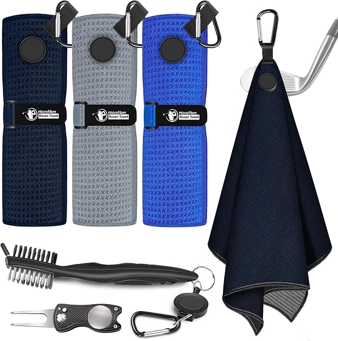 Magnetic Golf Towel, 3 PCS Microfiber Golf Towels with Brush and Divot Tool for Men, Industrial Strength Magnet Accessories for Strong Hold to Golf Bags, Carts or Clubs (Black Gray Blue)