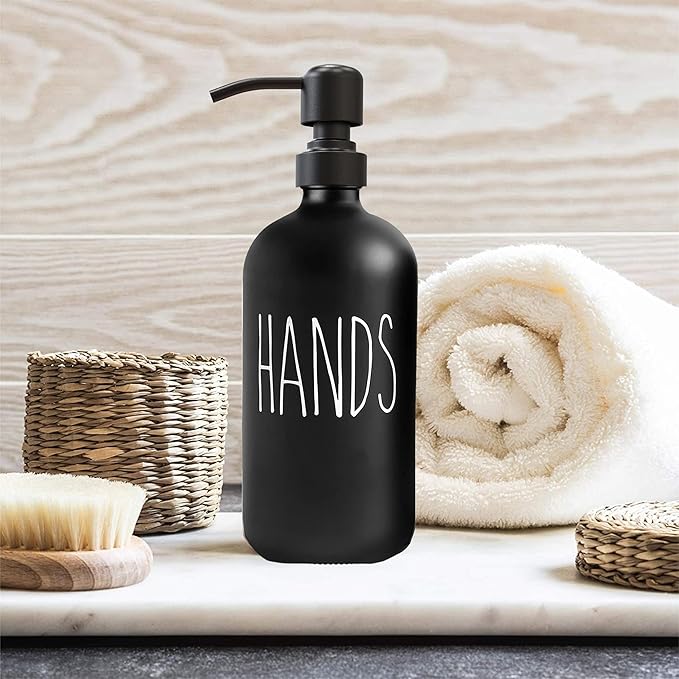 16 OZ Thick Black Glass Soap Dispenser, Matte Black Stainless Steel Pump 2 Pack, Hand and Dish Soap Dispenser Set for Bathroom with 6 Waterproof Labels