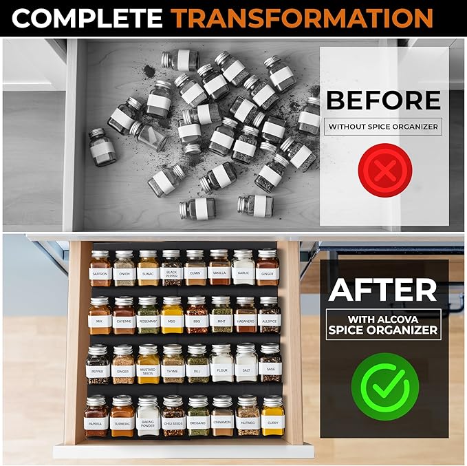 ALCOVA Spice Drawer Organizer, 4 Tier Expandable Spice Rack for Drawer from 9" to 18", Spice Organizer for Drawers and Countertop 8 Pcs Pack (Jars not included)