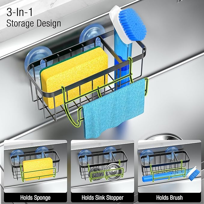 3-in-1 Kitchen Sink Caddy Organizer with Sponge Holder, Brush Holder, Extra Rack for Scrubber, Sink Stopper, Dish Cloth Hanger - Strong Dual Suction Cup, 2.0mm SUS304 Stainless Steel - Black