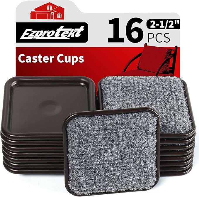 Ezprotekt 2 1/2" Square Carpet Bottom Furniture Caster Cups, 16 Pcs Reusable Furniture Coasters, Felt Furniture Sliders Pads to Protect Hardwood, Tile or Carpetd Floors from Scratches (Brown/Gray)