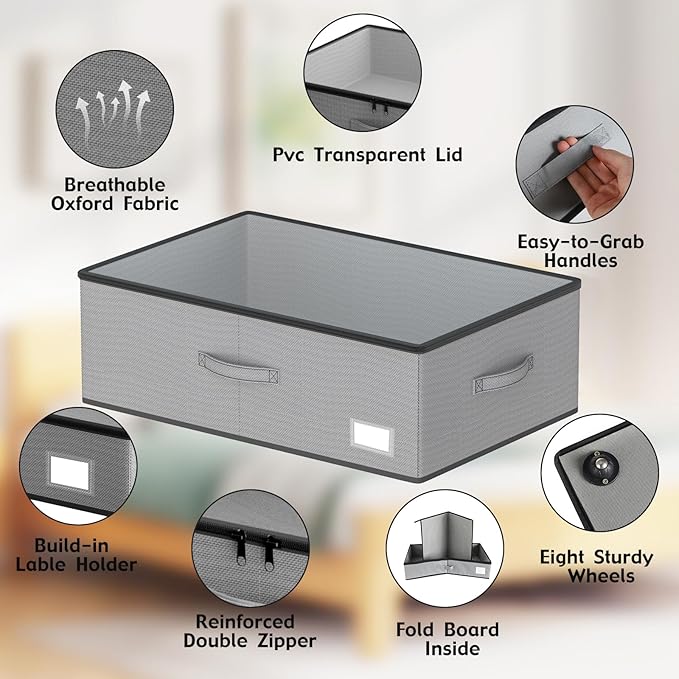 EE-RoomWorld Under Bed Storage with Wheels, No Assemble Required 10 inches height Under Bed Storage bins,Large capacity Rolling Underbed Shoe Storage containers，dorm underbed storage drawers