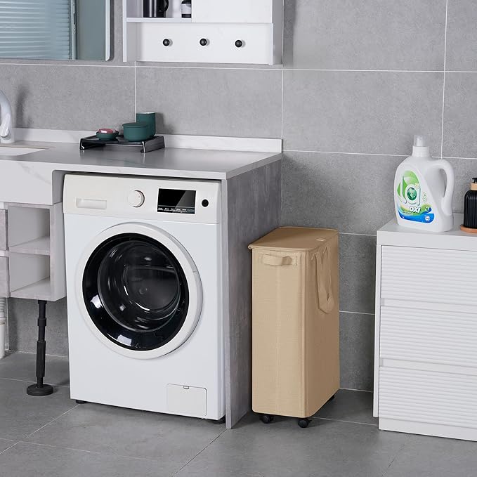 Slim Laundry Hamper with Lid and Wheels, Small Rolling Laundry Basket with Handle for Small Spaces, Tall Dirty Clothes Hampers for Dorm, Bathroom and Bedroom, 55L, Oatmeal
