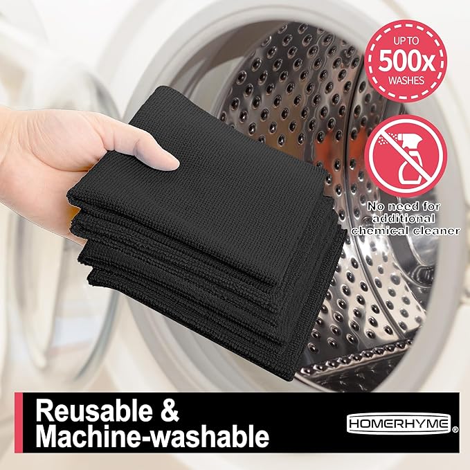 HOMERHYME Microfiber Cleaning Cloth, 12 Pack Black Cleaning Rags,12" X 11" Lint Free Dish Towels Wash Cloths, Reusable Microfiber Towels for Home and Kitchen Bathroom Apartment Cleaning Supplies