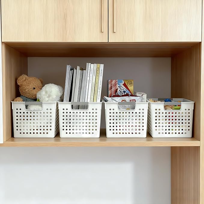 Soddeph 4 Pack Plastic Deep Storage Basket with Handles, Cubbies Organizer Bins with Hollow Design for Under Counter, Closet, Kitchen or Bathroom 12.3" × 8.7" × 6.9"(White, Medium)
