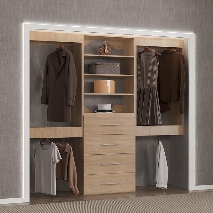 Modular Closet, 84" Wide Organizer with Hanging & Drawers, Wood Tower Storage for Walk In Closets, Wall Mounted Wardrobe Organizer Kit