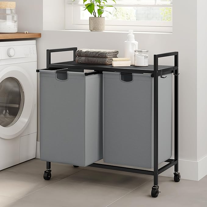 WOWLIVE Double Laundry Hamper with Lid,Rolling Laundry Basket Organizer with Wheels, Iron-Made Laundry Sorter with Top Shelf and 2 Removable Bags,Large Clothes Storage for Room,Gray