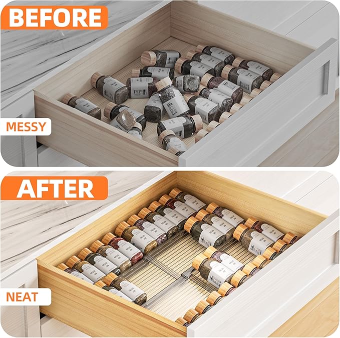 MUDEELA Clear Spice Drawer Organizer, 4 Tier- 2 Set (8 Packs) Spice Rack for Drawer, Expandable From 11" to 22" Kitchen Seasoning Organizers and Storage for Drawer (Jars not included)